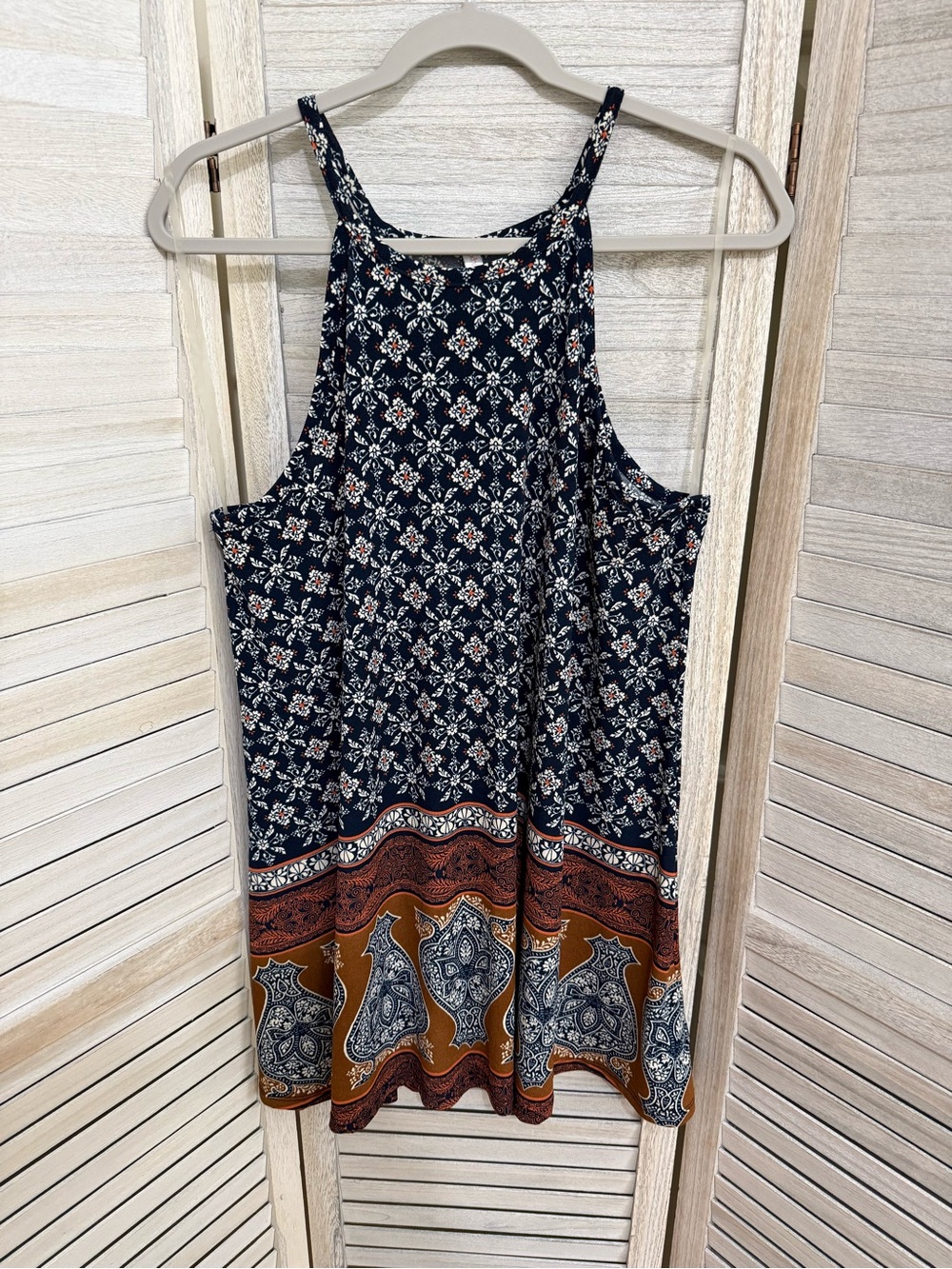 Xhilaration Navy Floral & Paisley Halter Mini Dress with Rust Border - Picture 3 of 8